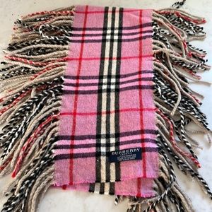 Pink Burberry “Happy” double fringe Nova Check cashmere scarf.